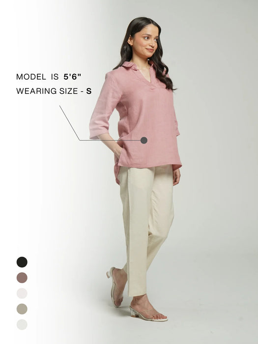 Women Rose Taupe Pure Linen Collared Shirt Top