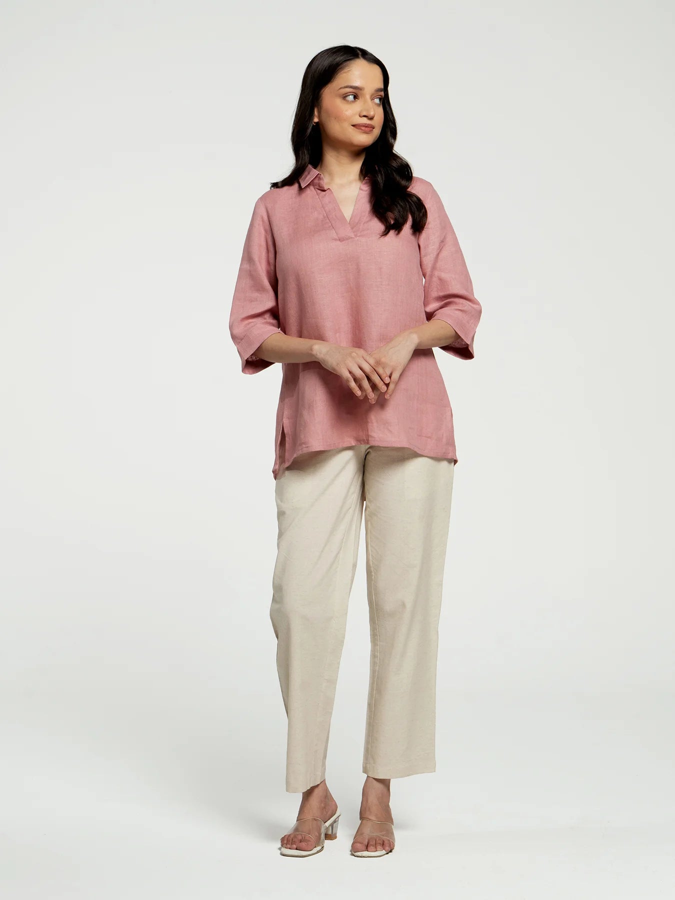 Women Rose Taupe Pure Linen Collared Shirt Top