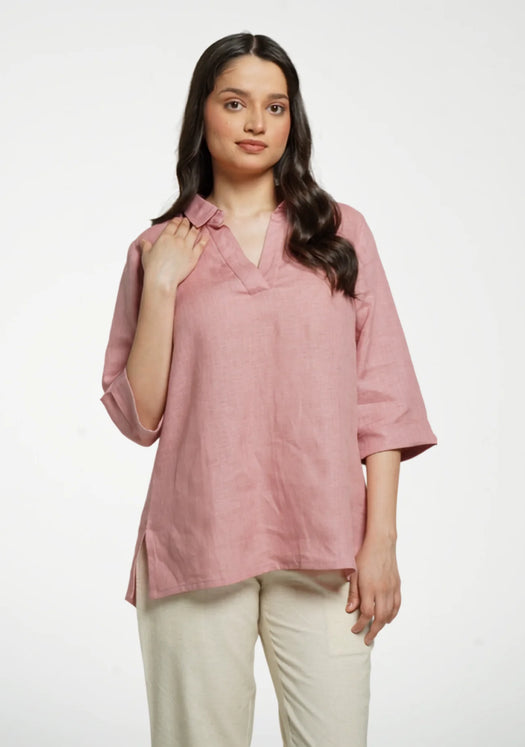 Women Rose Taupe Pure Linen Collared Shirt Top
