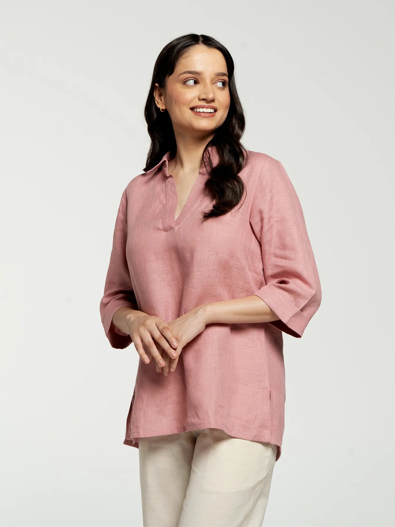 Women Rose Taupe Pure Linen Collared Shirt Top