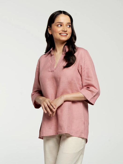 Women Rose Taupe Pure Linen Collared Shirt Top