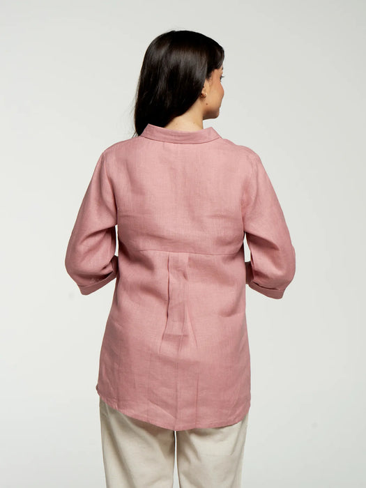 Women Rose Taupe Pure Linen Collared Shirt Top