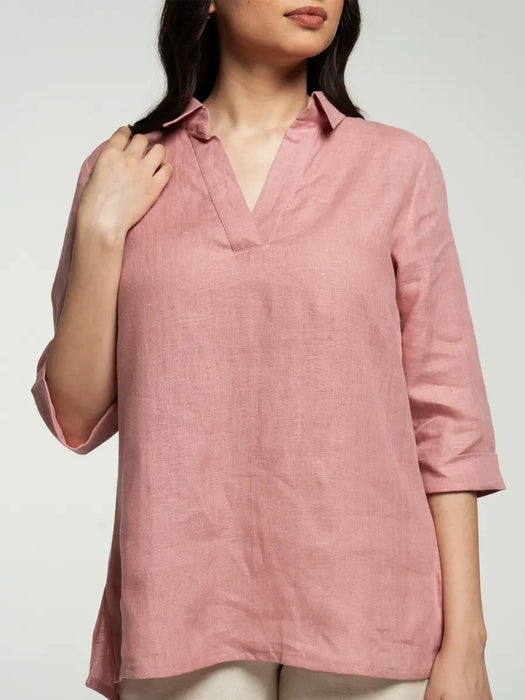 Women Rose Taupe Pure Linen Collared Shirt Top
