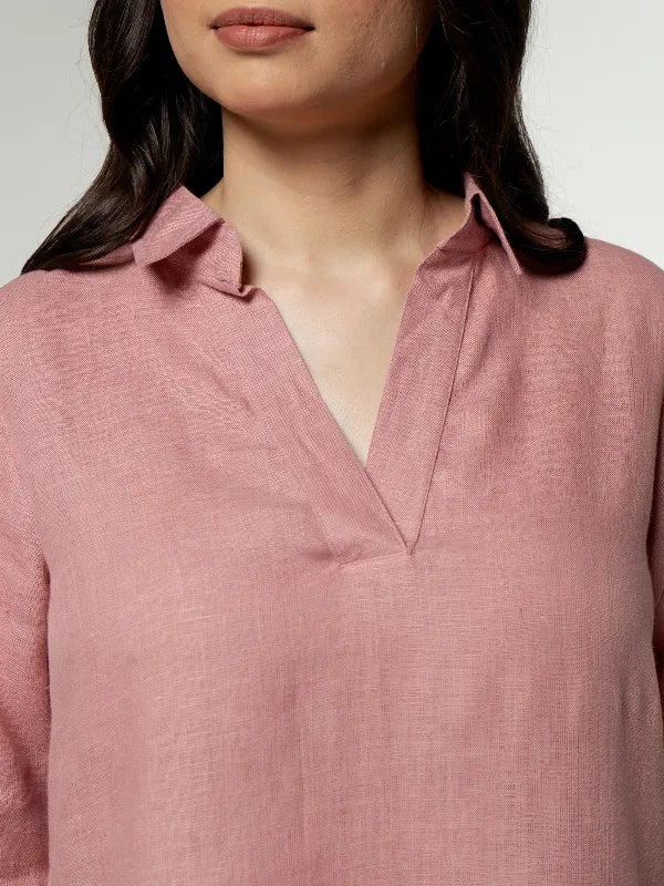 Women Rose Taupe Pure Linen Collared Shirt Top