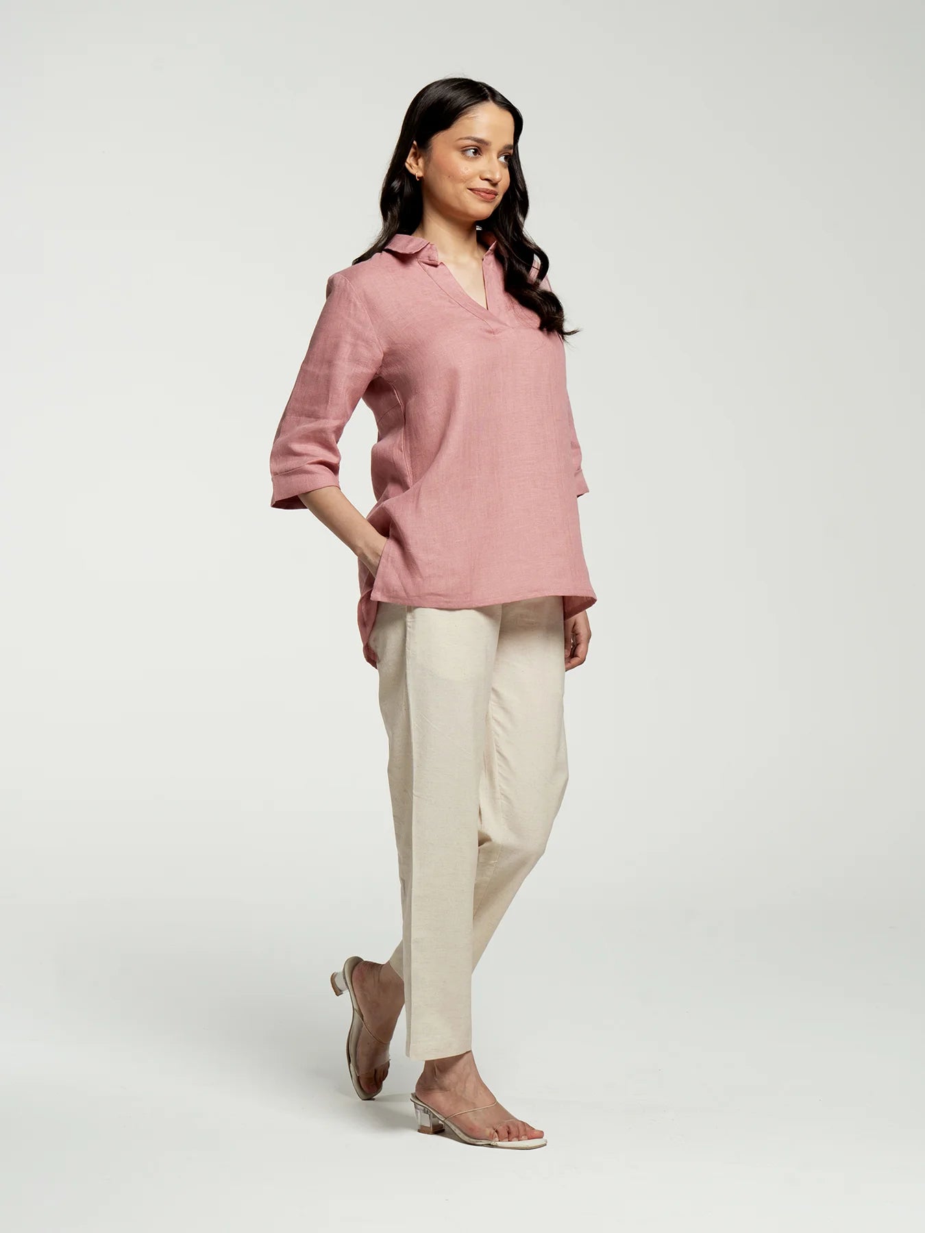 Women Rose Taupe Pure Linen Collared Shirt Top