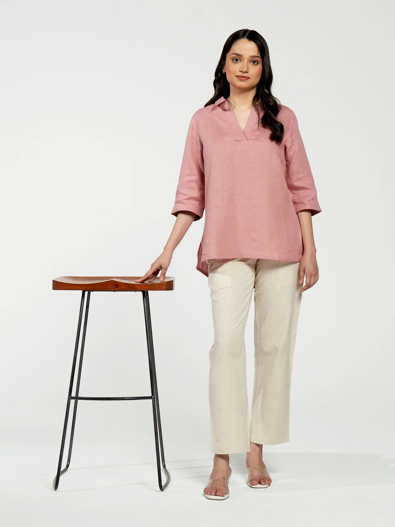 Women Rose Taupe Pure Linen Collared Shirt Top