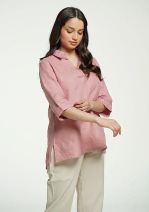 Women Rose Taupe Pure Linen Collared Shirt Top