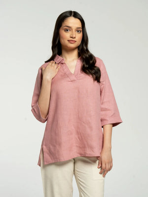 Women Rose Taupe Pure Linen Collared Shirt Top