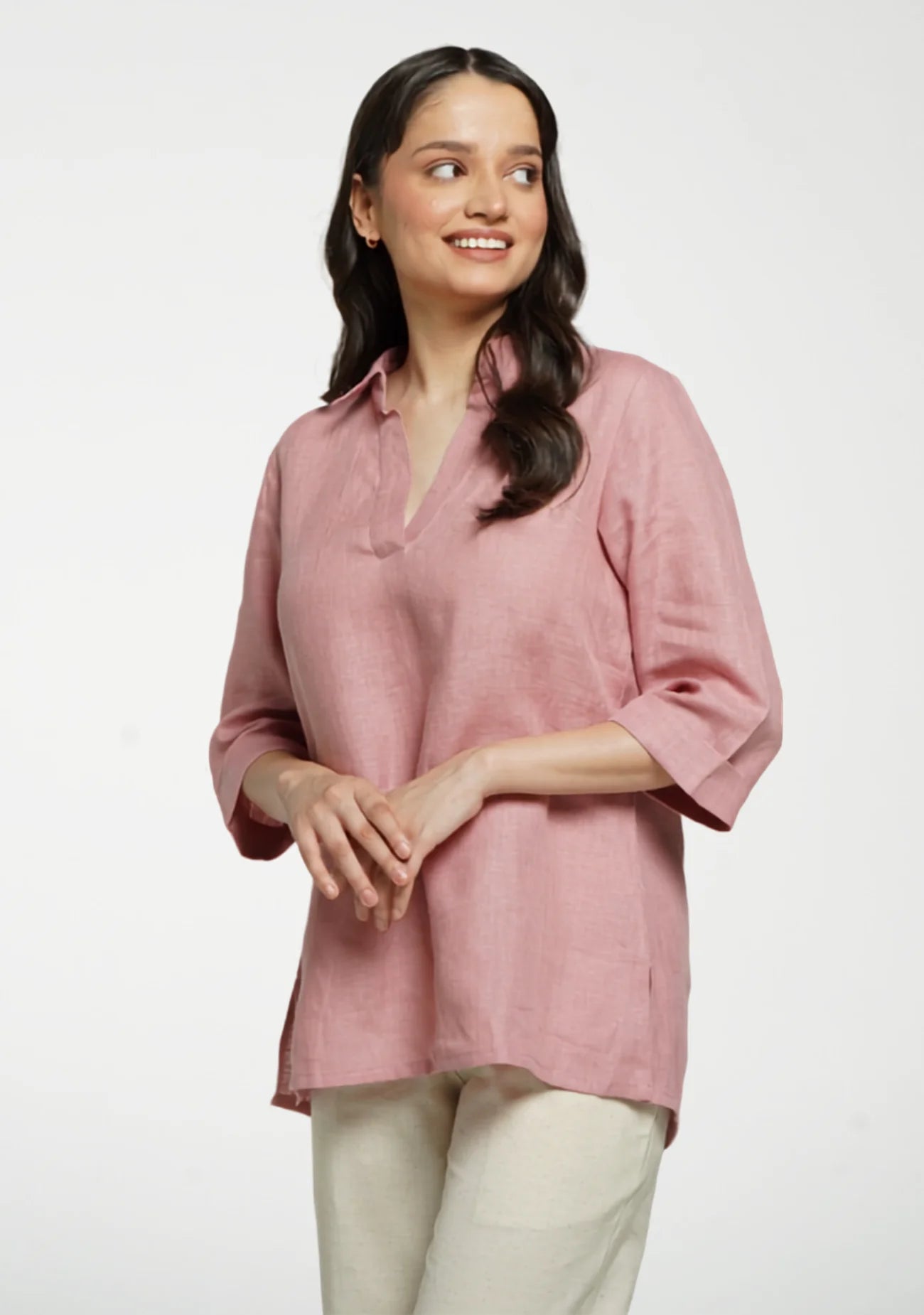 Women Rose Taupe Pure Linen Collared Shirt Top