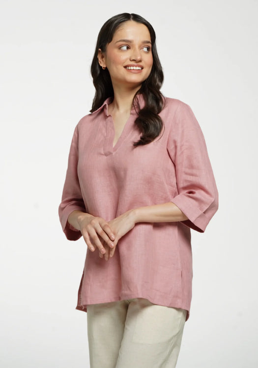 Women Rose Taupe Pure Linen Collared Shirt Top