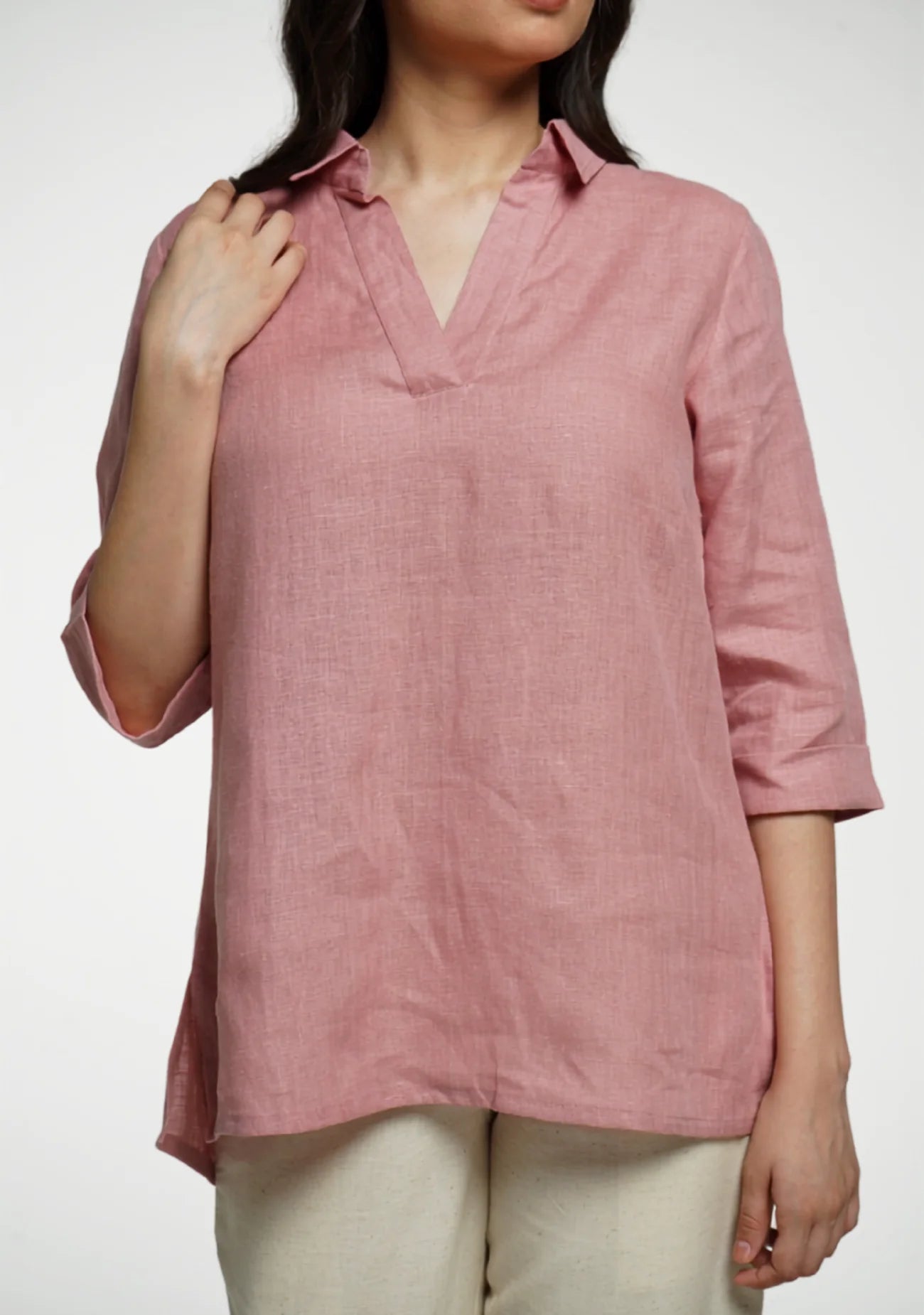 Women Rose Taupe Pure Linen Collared Shirt Top