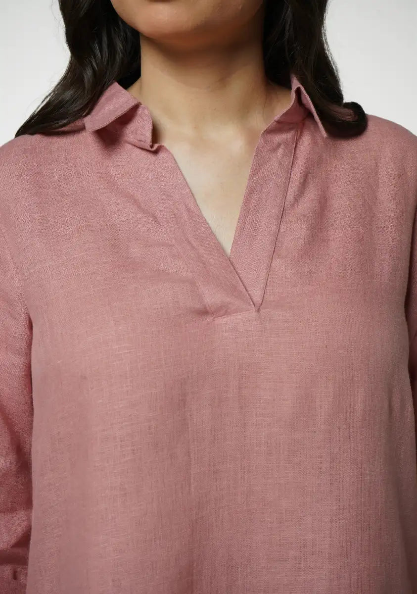 Women Rose Taupe Pure Linen Collared Shirt Top