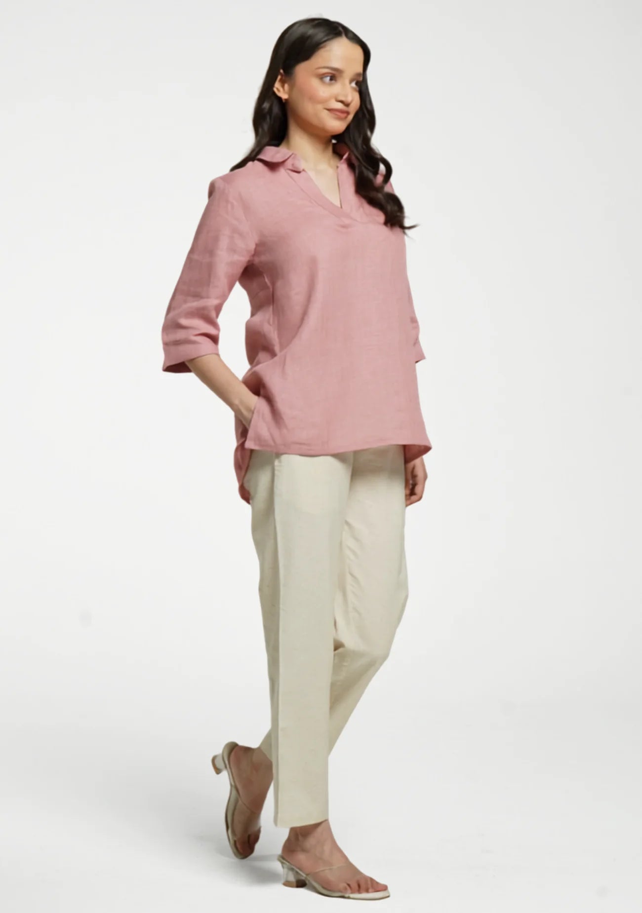 Women Rose Taupe Pure Linen Collared Shirt Top