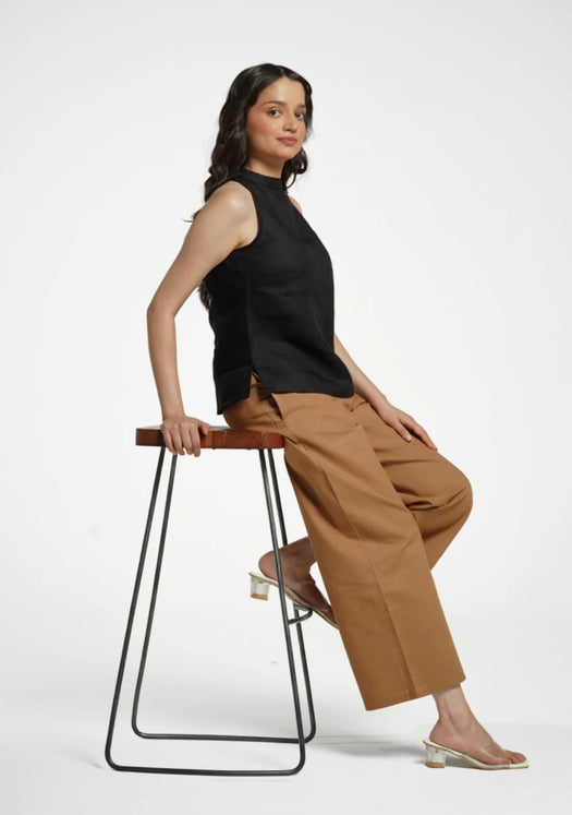 Women Black Pure Linen Halter Neck Top