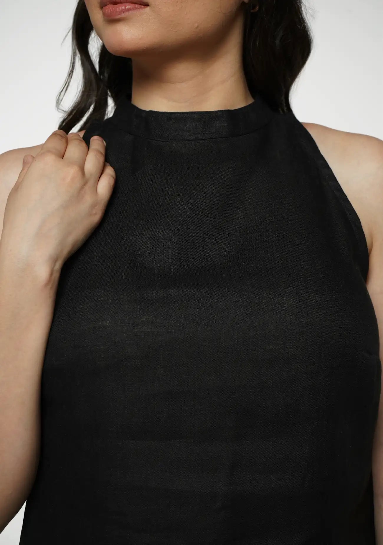 Women Black Pure Linen Halter Neck Top