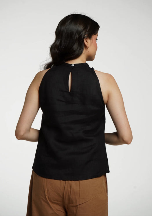 Women Black Pure Linen Halter Neck Top