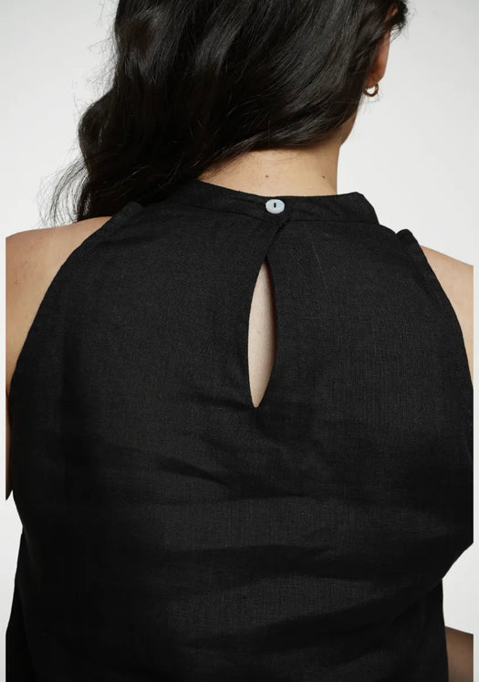 Women Black Pure Linen Halter Neck Top