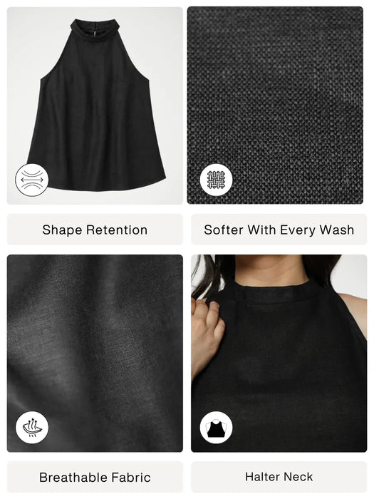 Women Black Pure Linen Halter Neck Top