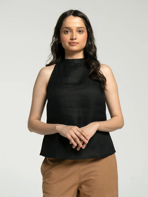 Women Black Pure Linen Halter Neck Top