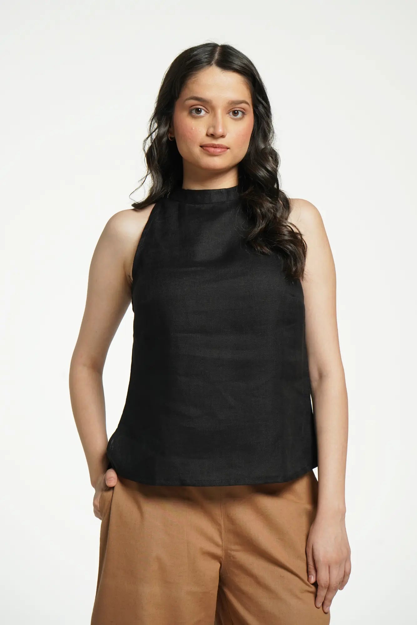 Women Black Pure Linen Halter Neck Top