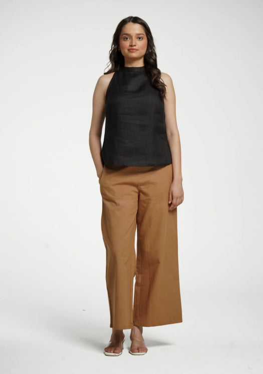Women Black Pure Linen Halter Neck Top
