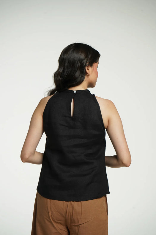 Women Black Pure Linen Halter Neck Top