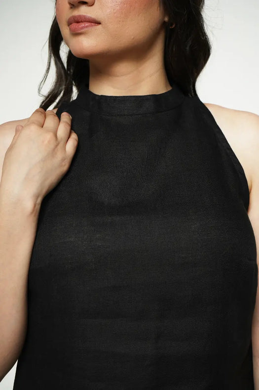 Women Black Pure Linen Halter Neck Top