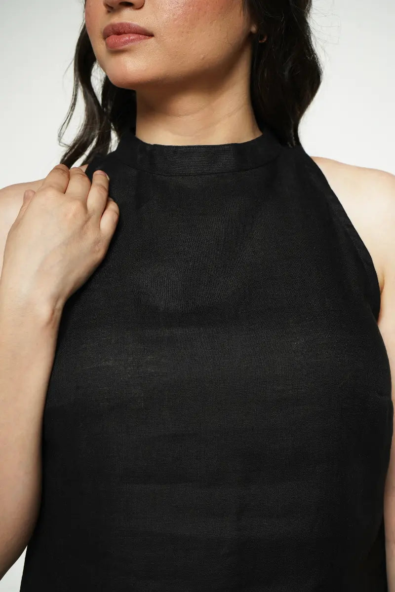Women Black Pure Linen Halter Neck Top