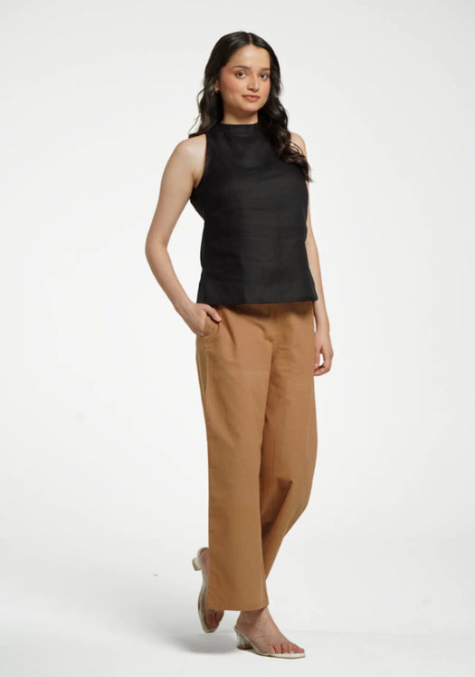 Women Black Pure Linen Halter Neck Top