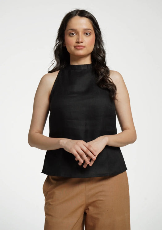 Women Black Pure Linen Halter Neck Top