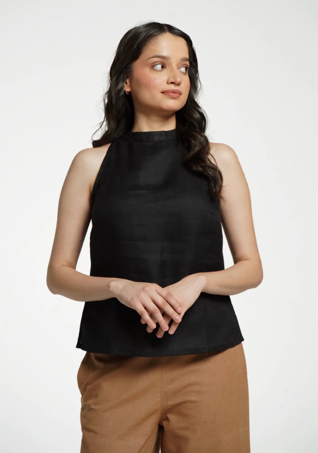 Women Black Pure Linen Halter Neck Top