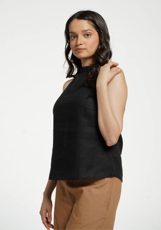 Women Black Pure Linen Halter Neck Top