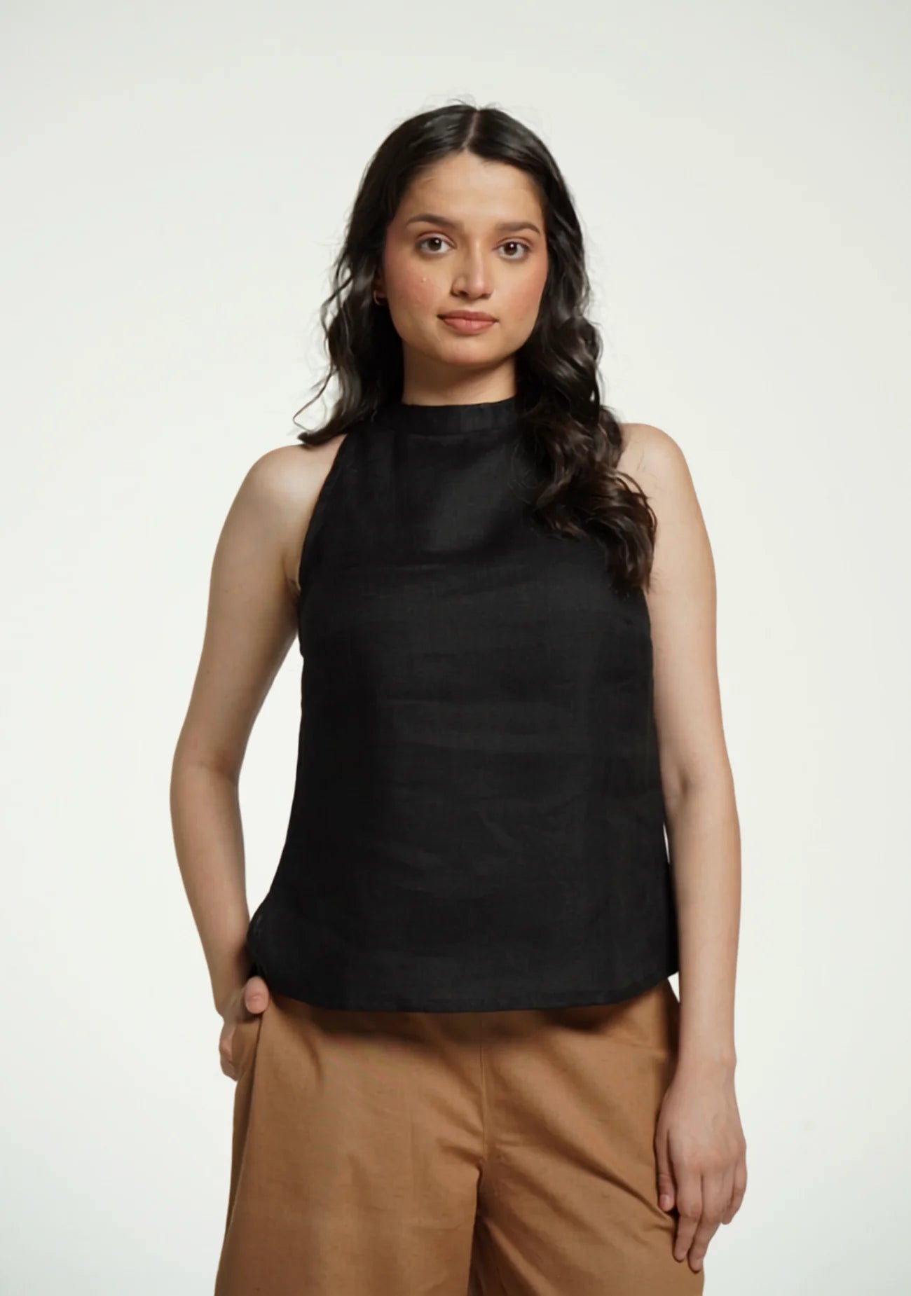 Women Black Pure Linen Halter Neck Top