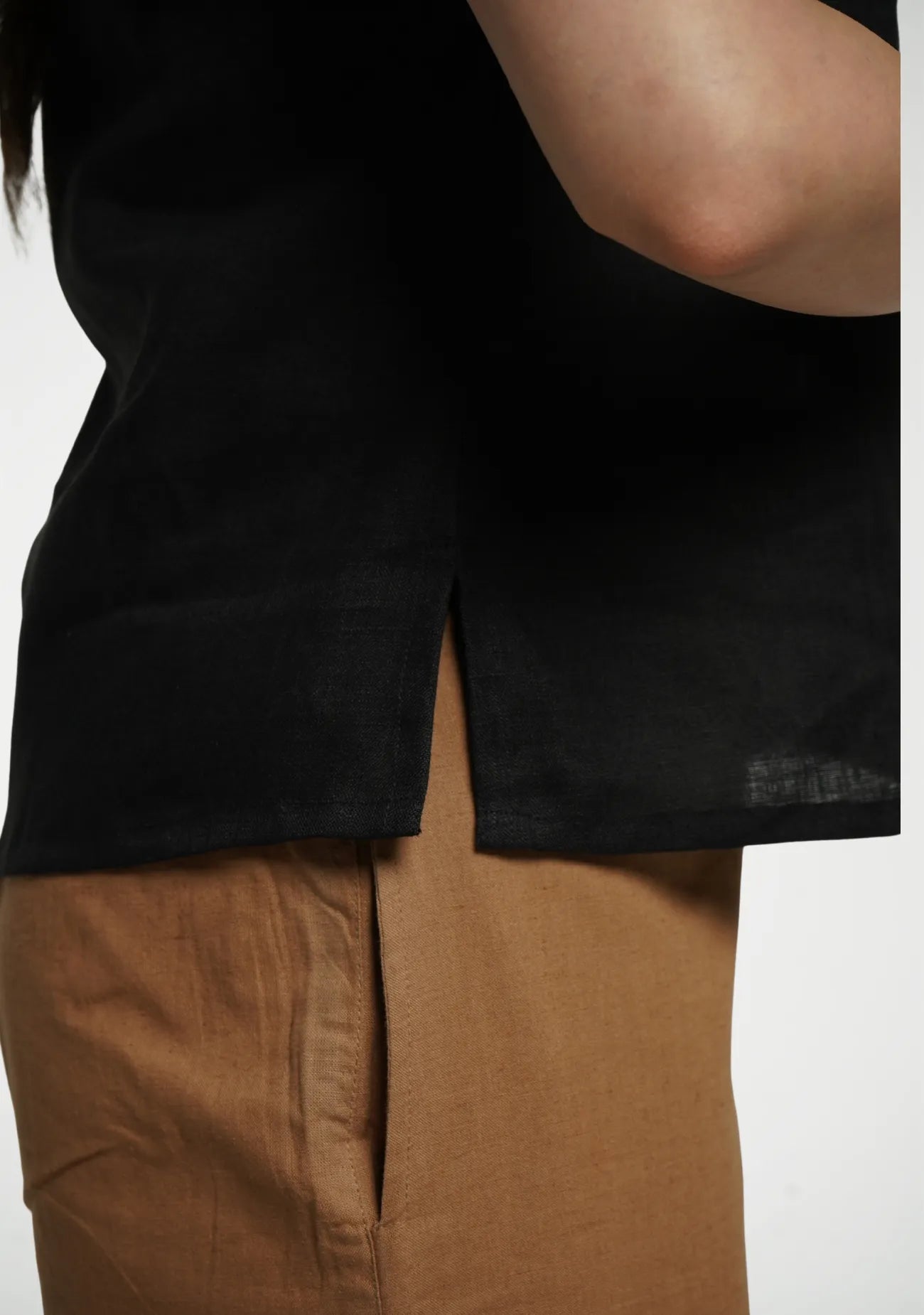 Women Black Pure Linen Halter Neck Top