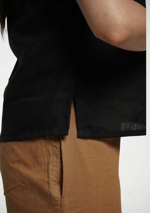 Women Black Pure Linen Halter Neck Top