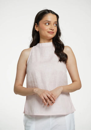 Women Blush Pink Pure Linen Halter Neck Top