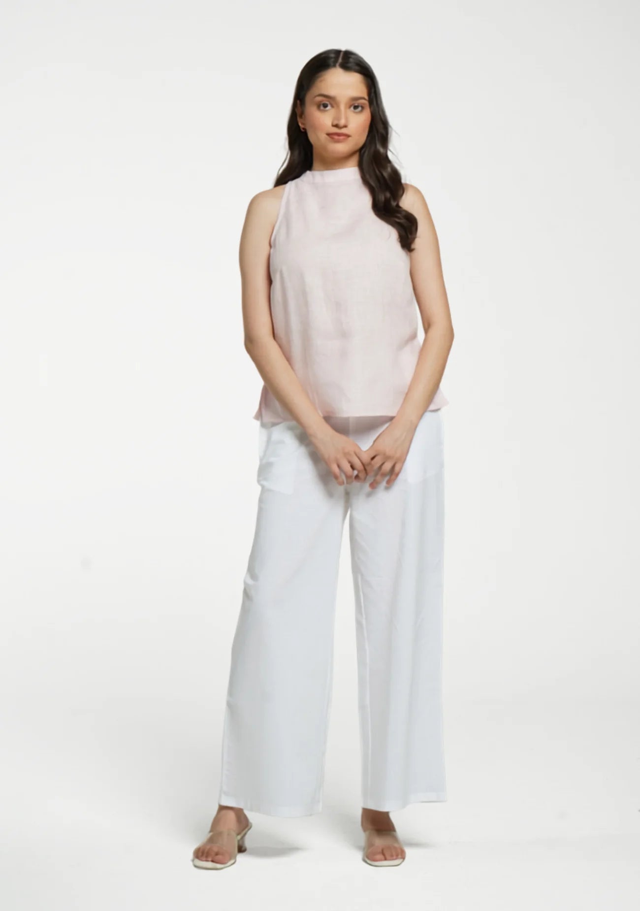 Women Blush Pink Pure Linen Halter Neck Top
