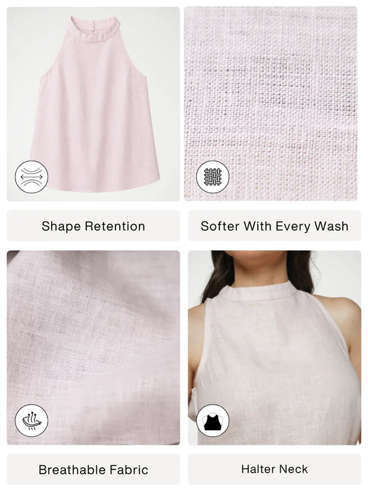 Women Blush Pink Pure Linen Halter Neck Top