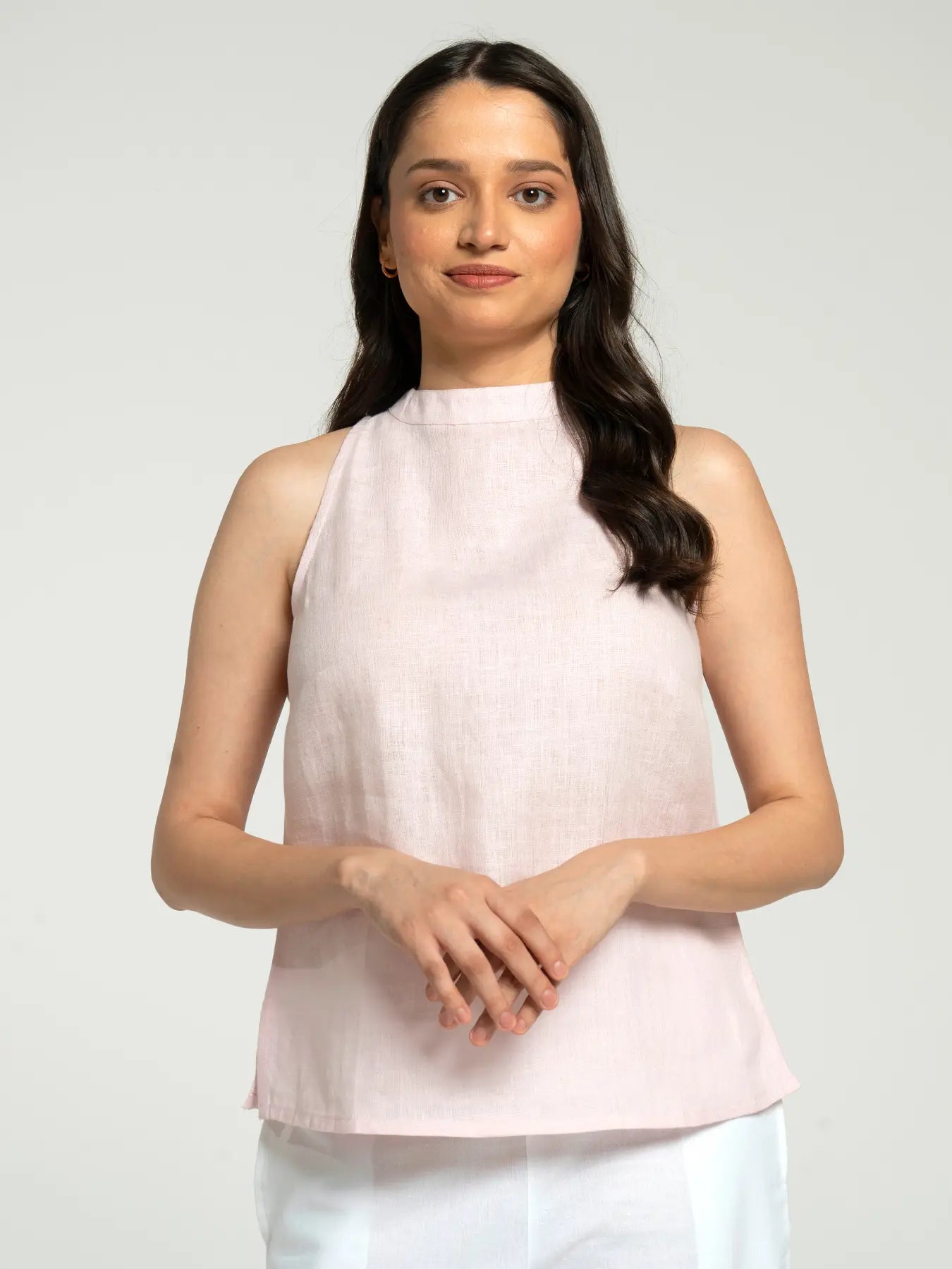 Women Blush Pink Pure Linen Halter Neck Top
