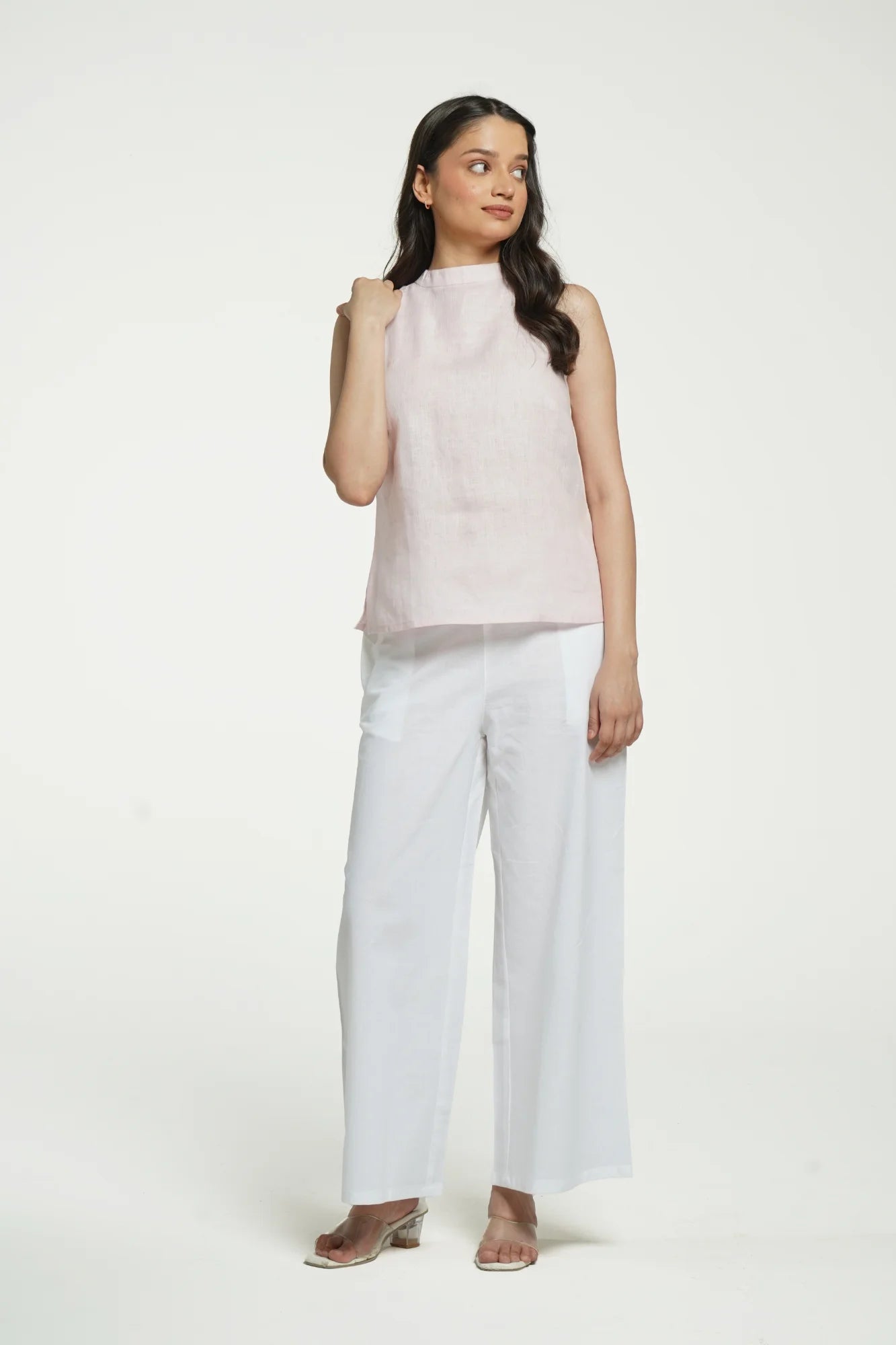 Women Blush Pink Pure Linen Halter Neck Top