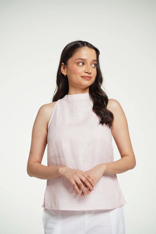 Women Blush Pink Pure Linen Halter Neck Top