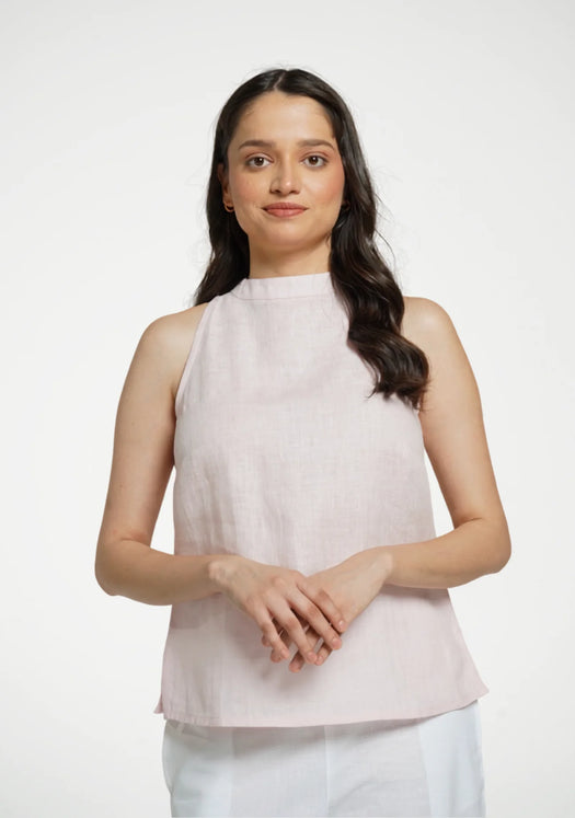 Women Blush Pink Pure Linen Halter Neck Top