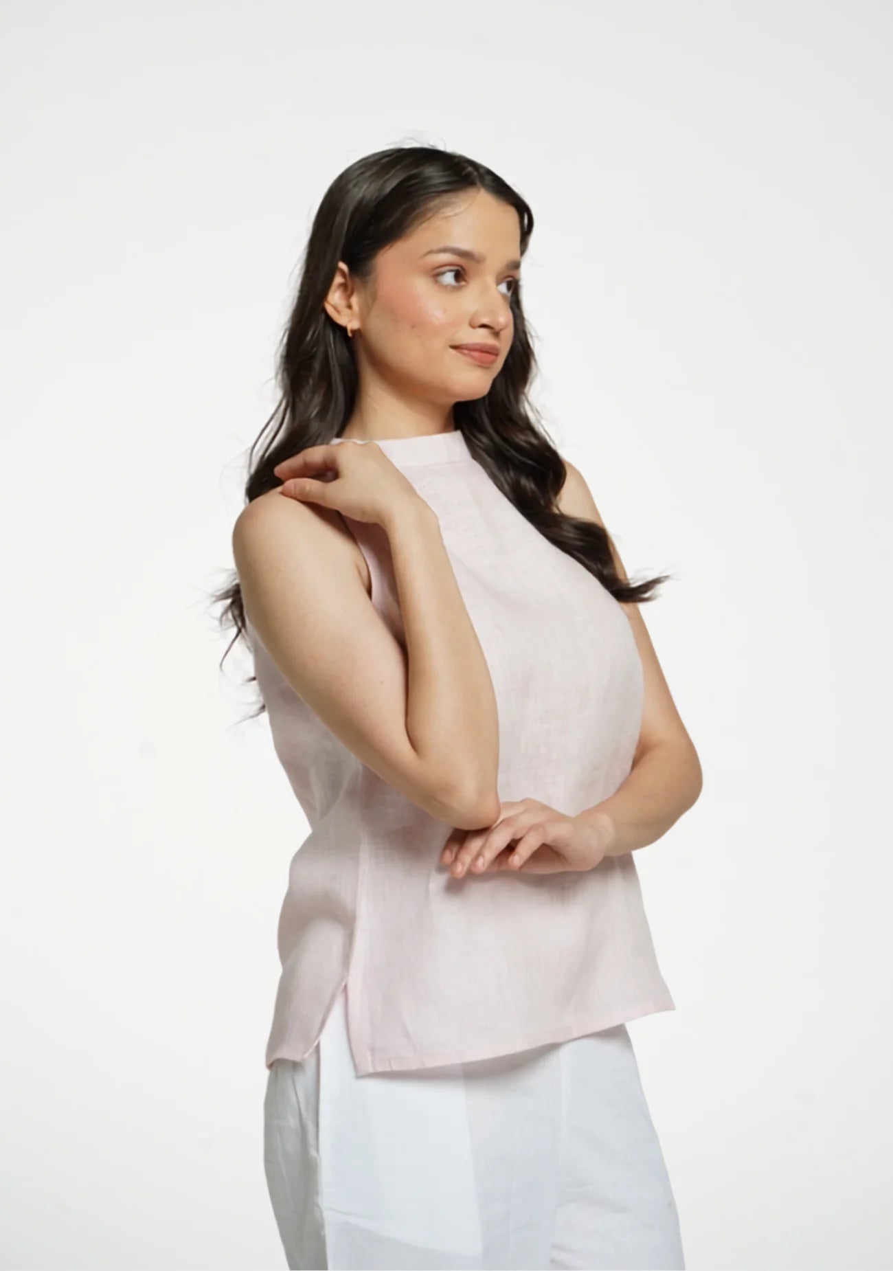 Women Blush Pink Pure Linen Halter Neck Top