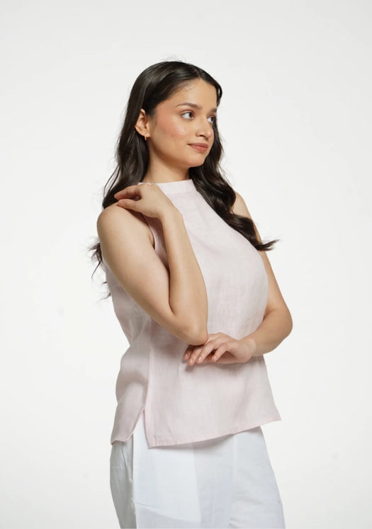 Women Blush Pink Pure Linen Halter Neck Top