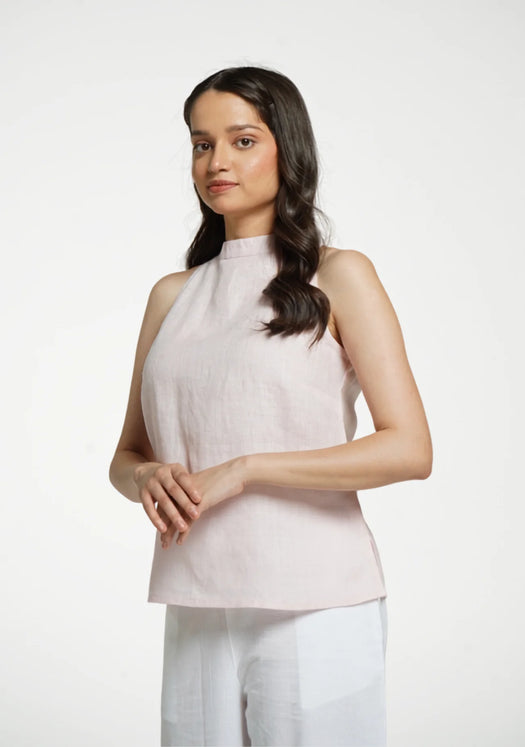 Women Blush Pink Pure Linen Halter Neck Top