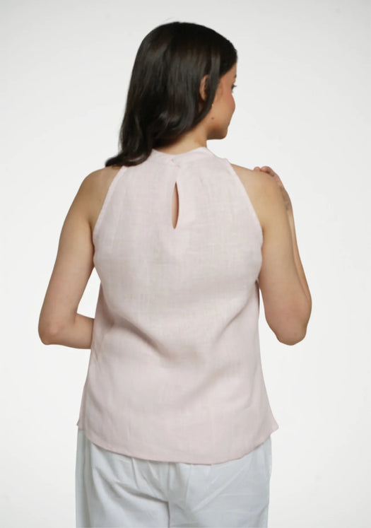 Women Blush Pink Pure Linen Halter Neck Top