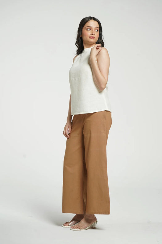 Women Cream Pure Linen Halter Neck Top