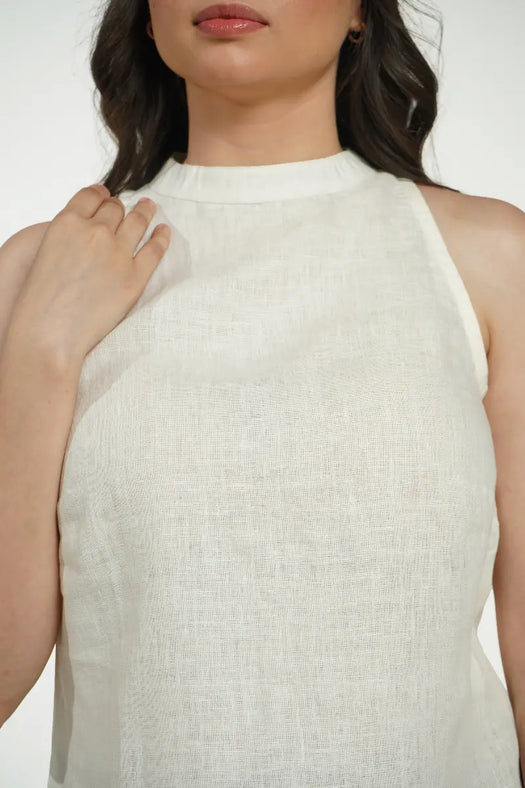 Women Cream Pure Linen Halter Neck Top