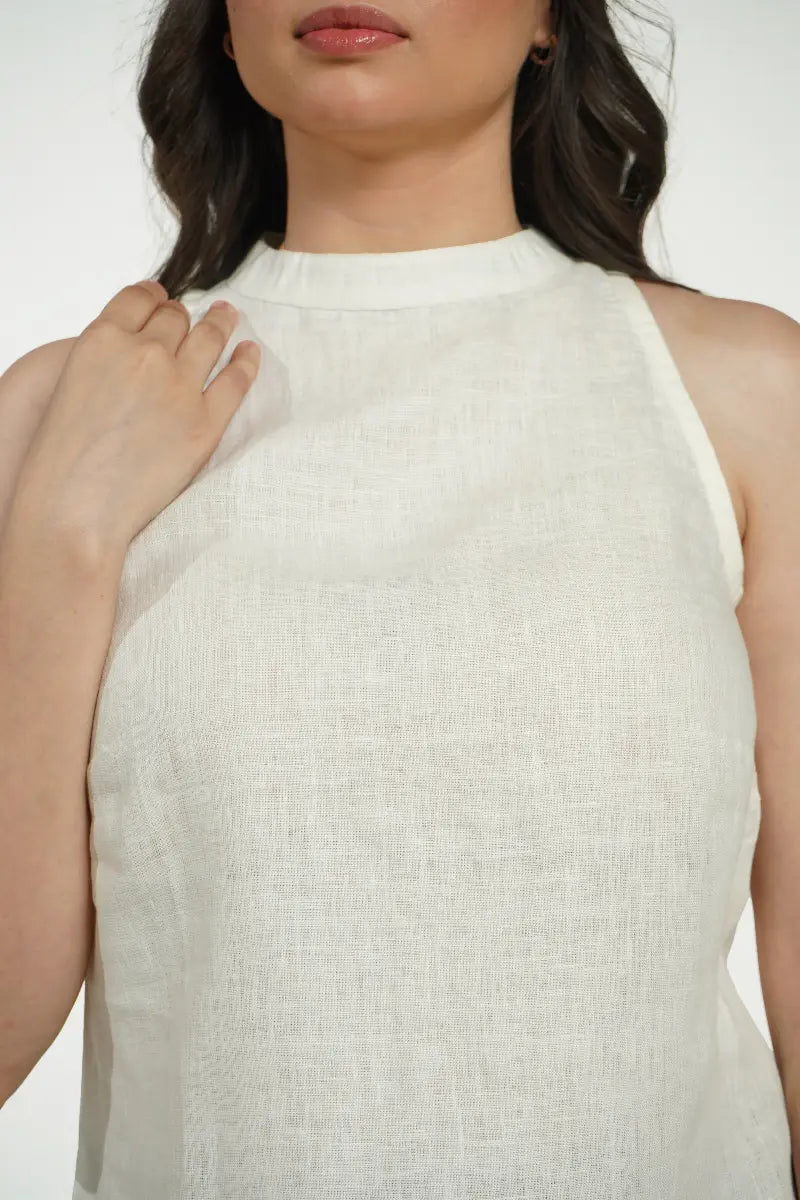 Women Cream Pure Linen Halter Neck Top