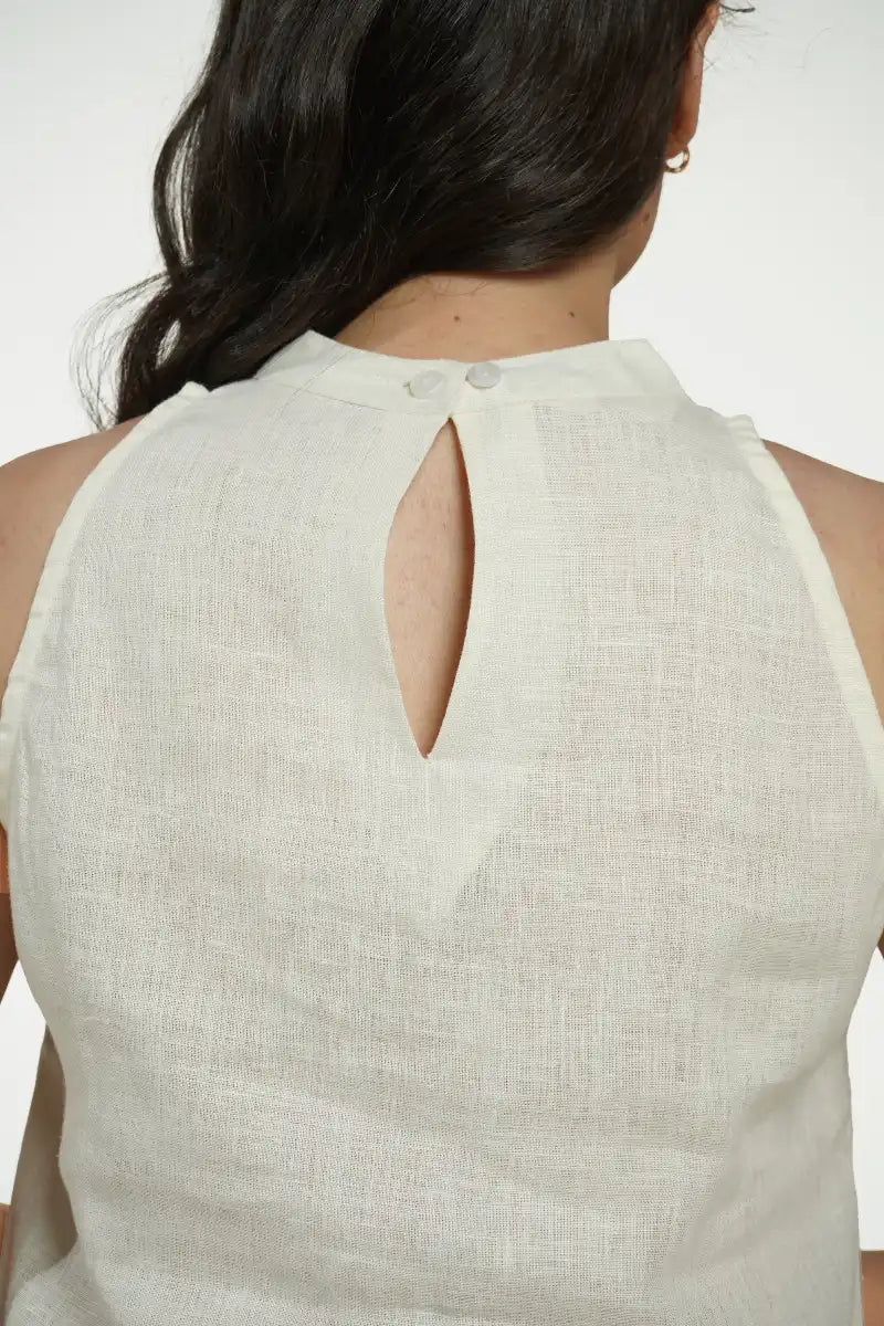 Women Cream Pure Linen Halter Neck Top